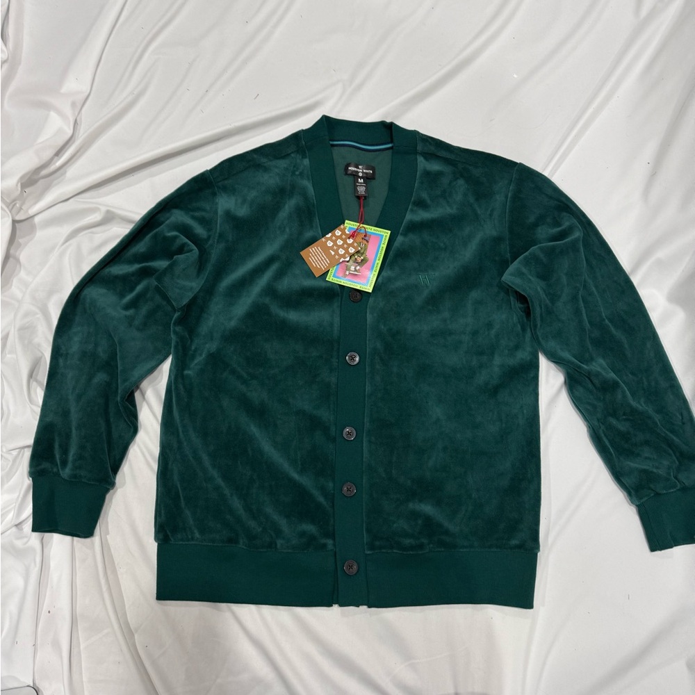 Houston White Velour Cardigan Sweater Green Button Front Men’s Size M NEW